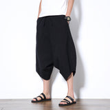 Mens Casual Elastic Waist Linen Capri Wide Leg Baggy Harem Pants Trousers