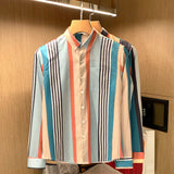 Men's Casual Color Stitching Vertical Stripes Slim Fit Long Sleeve Shirt