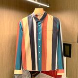 Men's Casual Color Stitching Vertical Stripes Slim Fit Long Sleeve Shirt