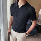 Men's Business British Striped Knitted Polo Shirt V Lapel Short-sleeved Slim Fit T-shirt