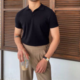 Men Casual Slim Thin Lapel Knit Short Sleeve Buttonless Polo Tops