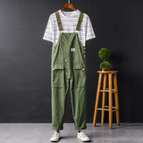 Men's Japanese Vintage Bib Overalls Fashion Slim Fit Jumpsuit with Adjustable Straps and Convenient Tool Pockets