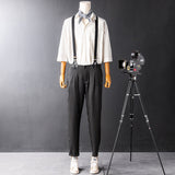 Men's British Casual Striped  Black Pants With Y-Back Removable Suspenders