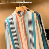 Men's Casual Color Stitching Vertical Stripes Slim Fit Long Sleeve Shirt