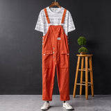 Men's Japanese Vintage Bib Overalls Fashion Slim Fit Jumpsuit with Adjustable Straps and Convenient Tool Pockets