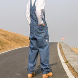 Men American Retro Casual Striped Loose Straight Tooling Straight Overalls