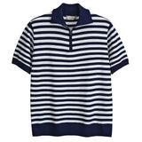 Ice Silk Short-sleeved POLO Shirt Mens Retro Color Contrast Striped Knitted T-shirt