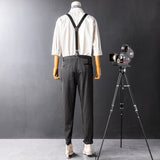 Men's British Casual Striped  Black Pants With Y-Back Removable Suspenders