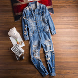 Men's Casual Ripped Denim Long Sleeve Jumpsuits Jean Coveralls Long Sleeve Rompers