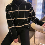 Casual Plaid Lapel Knit Long Sleeve Polo Shirt