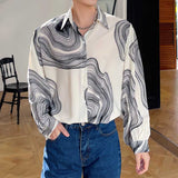 Men's Black and White Abstract Irregular Print Contrast Color Long Sleeve Shirt