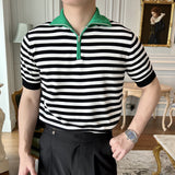 Ice Silk Short-sleeved POLO Shirt Mens Retro Color Contrast Striped Knitted T-shirt