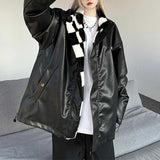 Hip-hop Plush Plaid PU Leather Thickened Reversible Coat