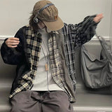 Men's American Retro Street Stitching Plaid Long Sleeve Shirt