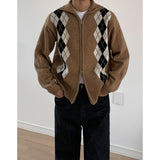 Rhombus Stand Collar Knit Zip Cardigan