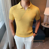 Men's Business British Striped Knitted Polo Shirt V Lapel Short-sleeved Slim Fit T-shirt