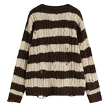 Irregular Hole Stripe Twist Pullover Medium Length Sweater Knitwear