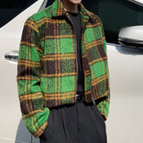 Men's Winter Green Plaid Jacket Short Single-breasted Coat