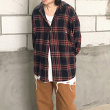 Street Loose Burgundy Plaid Long Sleeve Shirt