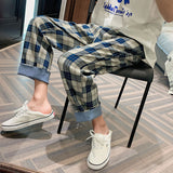 Retro Casual Plaid Straight Cuffed Elastic Waist Cropped Pants