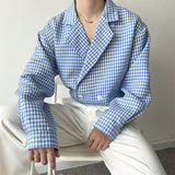 Men's Blue Check Suit Jacket Collar Long-sleeved Shirt