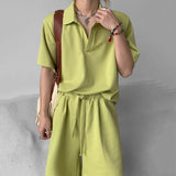 Summer Casual Solid Short Sleeve Lapel V-NeckShorts Casual Suit