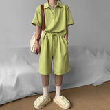 Summer Casual Solid Short Sleeve Lapel V-NeckShorts Casual Suit