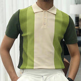 Men Business Summer Green Stripe Lapel Short Sleeves POLO Knit Top