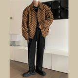 Men's Vintage Wide Shoulder Zip Lapel Plaid Jacket