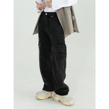 Retro Casual Loose Wide Leg Black Wash Cargo Jeans