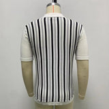 Men's Business Casual Black and White Stripes Contrast Color Short Sleeve Slim Fit Thin Polo Knit Top