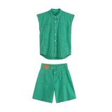 Men's Two Piece Green Sleeveless Denim Jacket and Shorts Suit Vest