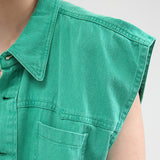 Men's Two Piece Green Sleeveless Denim Jacket and Shorts Suit Vest