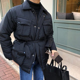 Men's Casual Winter Thickened Belt Cinch Waist Multi Pocket Coat