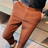 Men Business Casual Elastic Waist Slim Fit Solid Waffle Pants