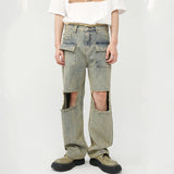 Mens Distressed Raw Ripped Straight-leg Jeans