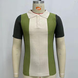 Men Business Summer Green Stripe Lapel Short Sleeves POLO Knit Top