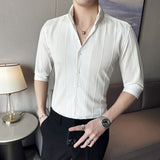 Men's Solid Color British Business Stripe Point Collar Shirt