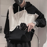 Men's All-match Casual Black and White Stitching Hooded Long-sleeved Sweater