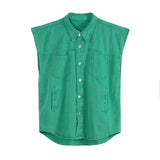 Men's Two Piece Green Sleeveless Denim Jacket and Shorts Suit Vest