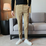 Men Business Casual Elastic Waist Slim Fit Solid Waffle Pants