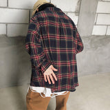 Street Loose Burgundy Plaid Long Sleeve Shirt