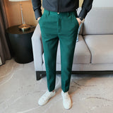 Men Business Casual Elastic Waist Slim Fit Solid Waffle Pants