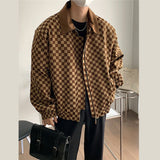 Men's Vintage Wide Shoulder Zip Lapel Plaid Jacket