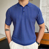 Mens Business Slim Fit Blue Stripe Short Sleeves Lapel Polo Knit Top