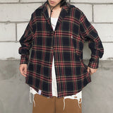 Street Loose Burgundy Plaid Long Sleeve Shirt