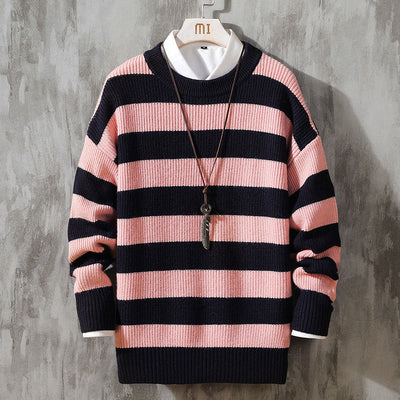 Men's Simple Round Neck Striped Pullover Sweater