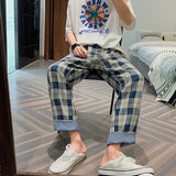 Retro Casual Plaid Straight Cuffed Elastic Waist Cropped Pants