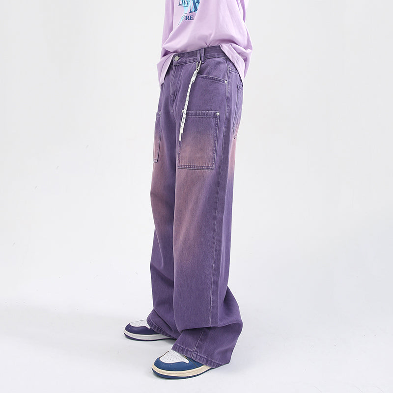 Men's Fashion Solid Color Straight Denim Pants Trousers Mid Waist Stylish  Casual Oversized Loose Wide Leg Jeans Purple