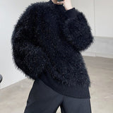 Loose Stand Collar Fur Fringed Knitted Sweater